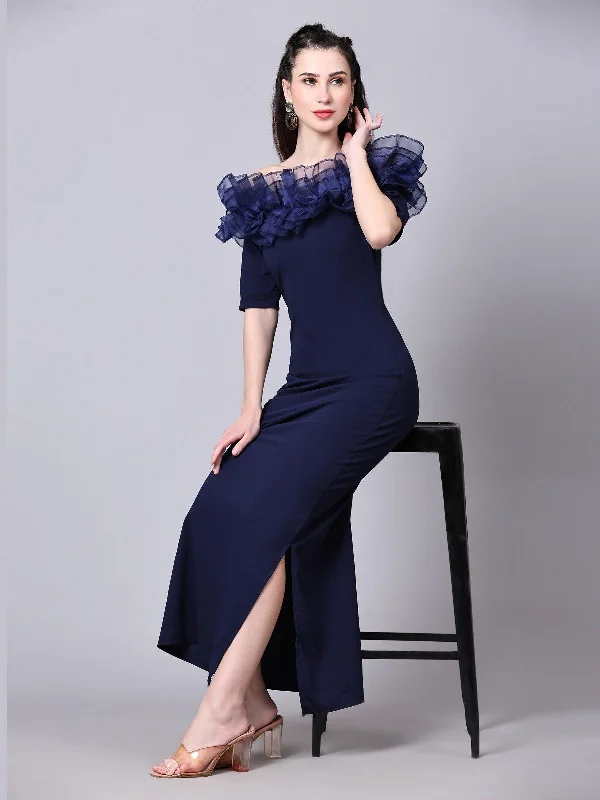 Chic Women's Attire Romantic Flair Women Stylish Solid Cotton Lycra Short Sleeve Maxi/Full Length Bodycon Navy Blue Dress