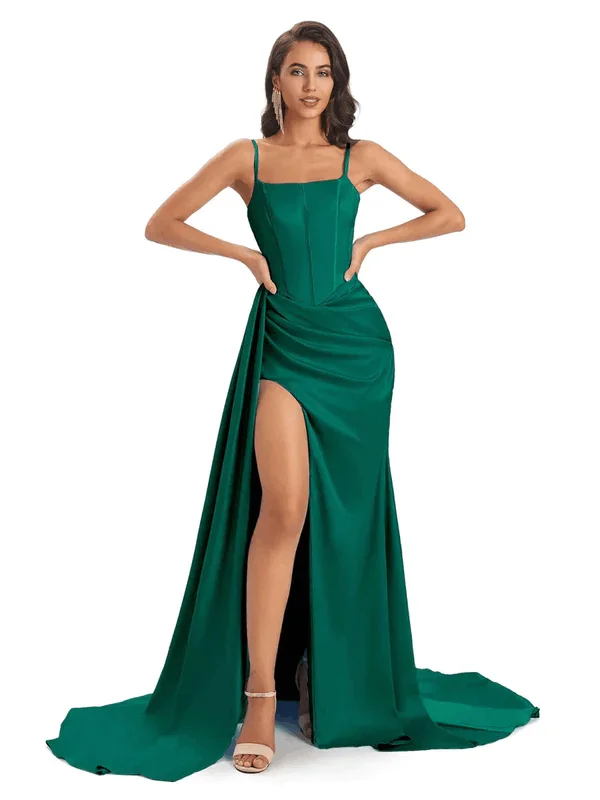 Women's Elegant Formal Outfit Limited - Edition Drops Sexy Soft Satin Side Slit Spaghetti Straps Floor-Length Mermaid Modern Bridesmaid Dresses In Stock