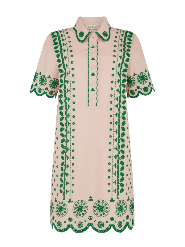 Affordable Women's Apparel Vintage Look Dree Cotton Broderie-anglaise Shirt Dress in Blush Pink Apple