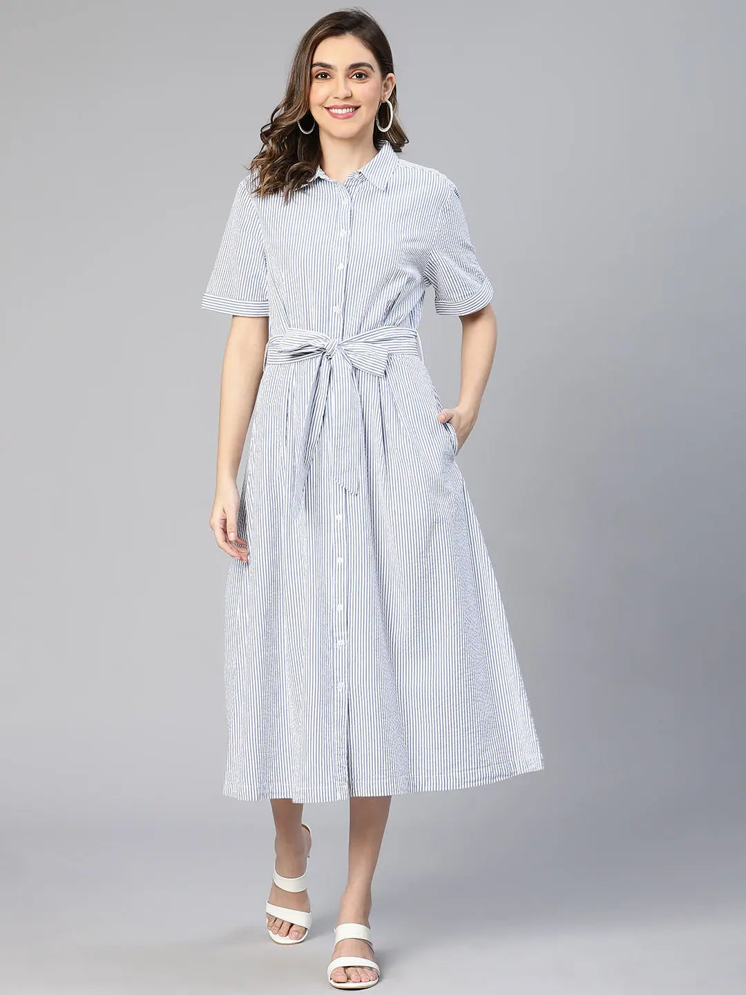 Women's Clothing For Special Occasions Effortless Style Fairly Blue Stripe Print Button -Down Women Shirt Dress