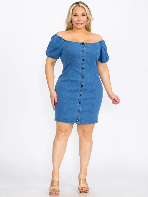 Plus-Size Women's Garments Classic Charm PLUS SIZE SHORT SLEEVE BUTTON CLOSURE BODYCON DENIM MINI DRESS