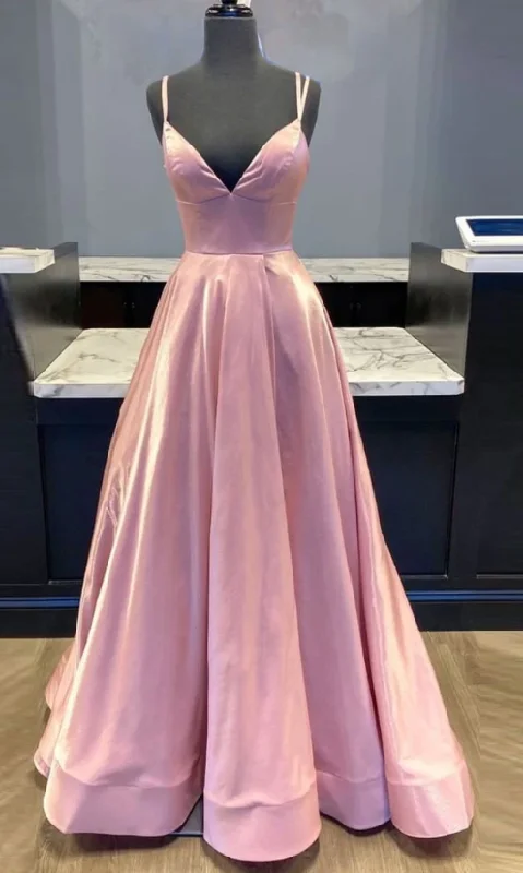 Women's Holiday Clothing Floral Style Simple v neck pink satin long prom dress pink formal dress  cg7810