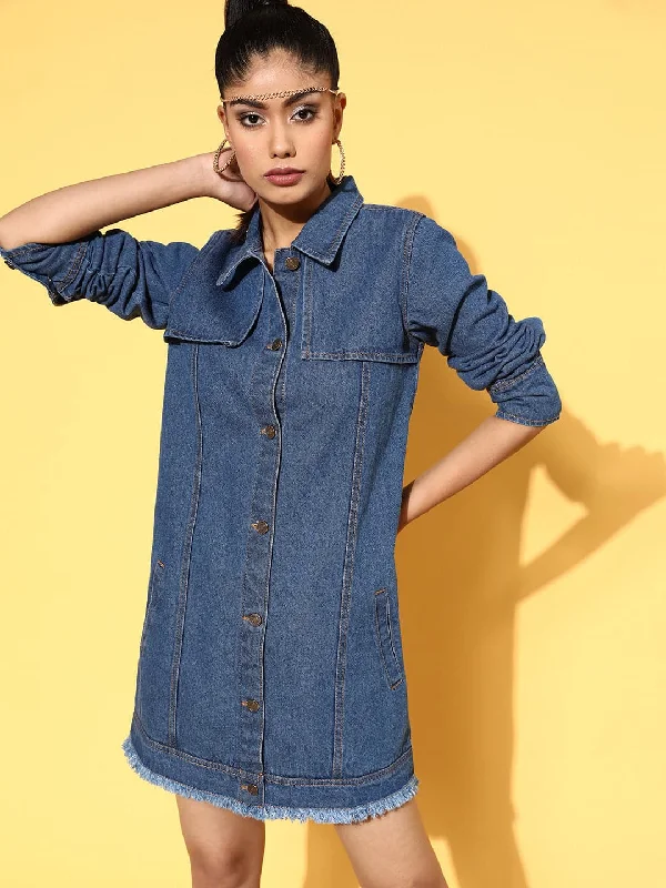 Women's Stylish Professional Garments Today Only Women Blue Front Flap Denim Shirt Dress