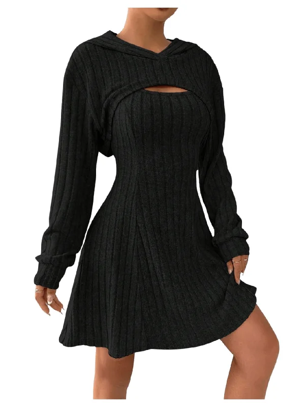 Plus-Size Women's Garments Feminine Flow SOLY HUX Women's 2 Piece Outfits Long Sleeve Hoodies Crop Top and Short Tank Dress Set Plain Black Large