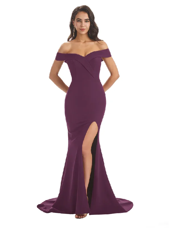 Women's Floral Print Outfit Today Only Sexy Soft Satin Off Shoulder Side Slit Floor-Length Mermaid Bridesmaid Dresses In Stock