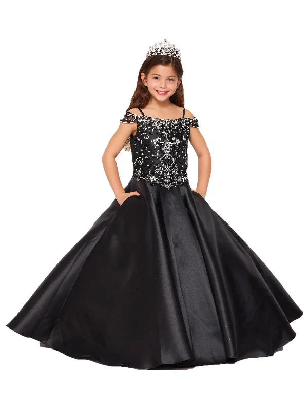 Women's Everyday Garments Graceful Movement Big Girls Black Rhinestone Crepe Satin Off Shoulder Ball Gown 8-16