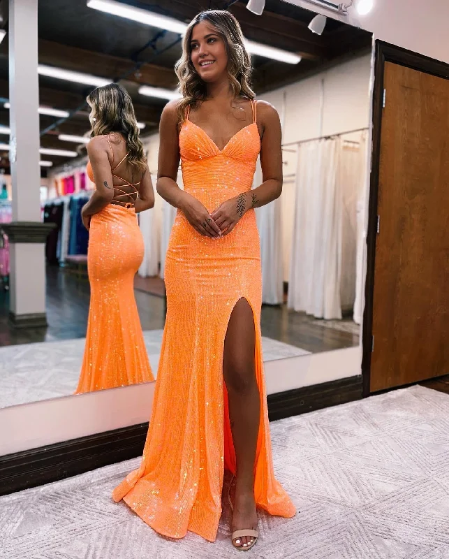 Women's Holiday Attire Flowing Silhouette Prom Dress Sequin Spaghetti Straps Satin Long High Slit Backless Bridesmaid Dress Formal Wear Dresses