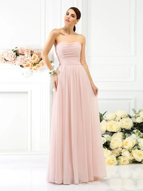 Women's Travel Outfit Set Parisian Effortless Chic Style A-Line/Princess Strapless Pleats Sleeveless Long Chiffon Bridesmaid Dresses