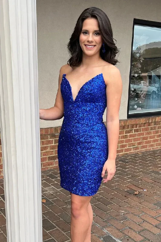 Women's Athletic Outfit Effortless Sophistication Sleeveless V Neck Royal Blue Homecoming Dresses Strapless Sequins Sheath Short Cocktail Dress