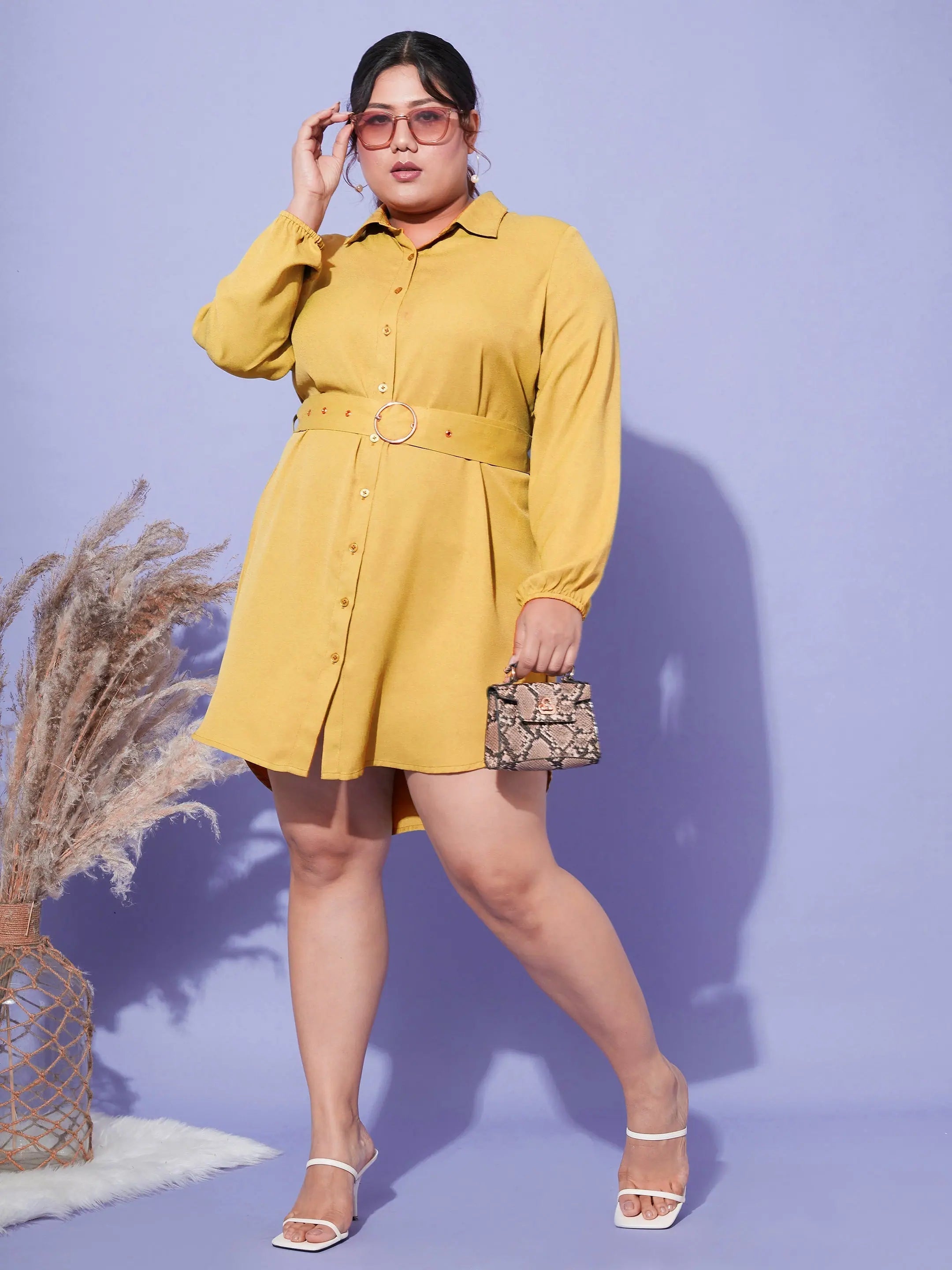 Women's Holiday Clothing Seasonal Trend Women Mustard Front Open Button Shirt Dress