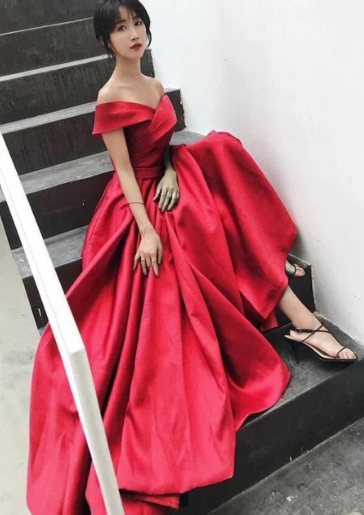 Women's Comfortable Clothes For Weekends Cottagecore Rustic Charm Style Beautiful Red Satin Off Shoulder Long Party Dress, Red Prom Dress  cg8014