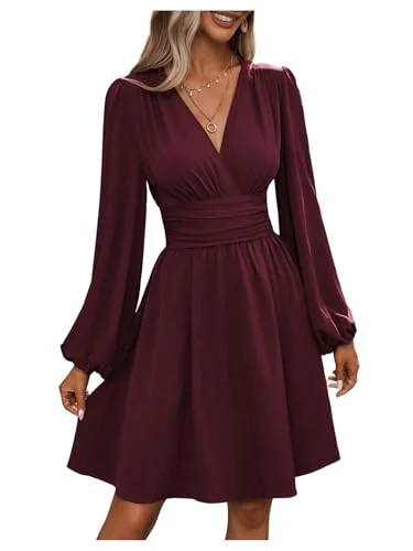 Women's Luxury Garments Effortless Sophistication Milumia Women's Ruched Lantern Long Sleeve Wrap V Neck Flared Elegant Short Dresses Red Violet XX-Large