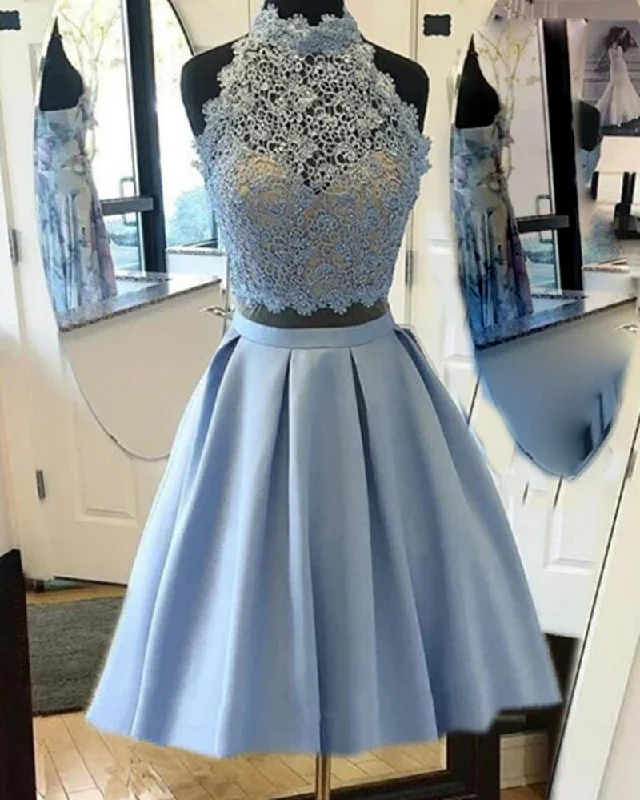 Women's Transitional Outfit Parisian Effortless Chic Style SP05260 Blue Crop Top Halter Short Prom Party Dress Junior Teens Birthday Party Semi Formal Gowns Short Homecoming Dress