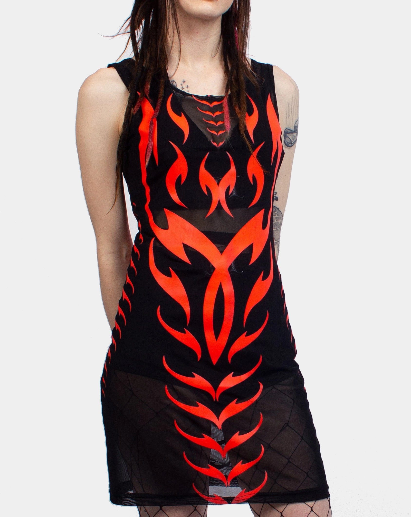 Women's Seasonal Attire Vintage Charm BODYCON MESH DRESS TRIBAL PHOENIX BLACK / RED