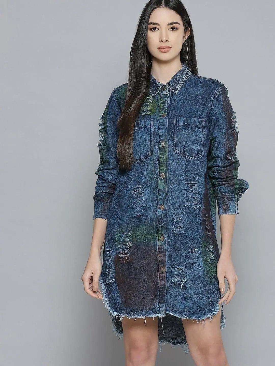 Women's Plus-Size Outfit Feminine Soft - Hued Look Womens Blue Denim Rainbow Wash Shirt Dress