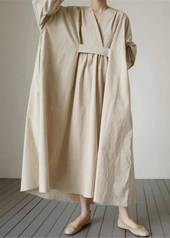 Women's Formal Event Outfit Feminine Elegance Beige V Neck Solid Wrinkled Cotton Dress Long Sleeve