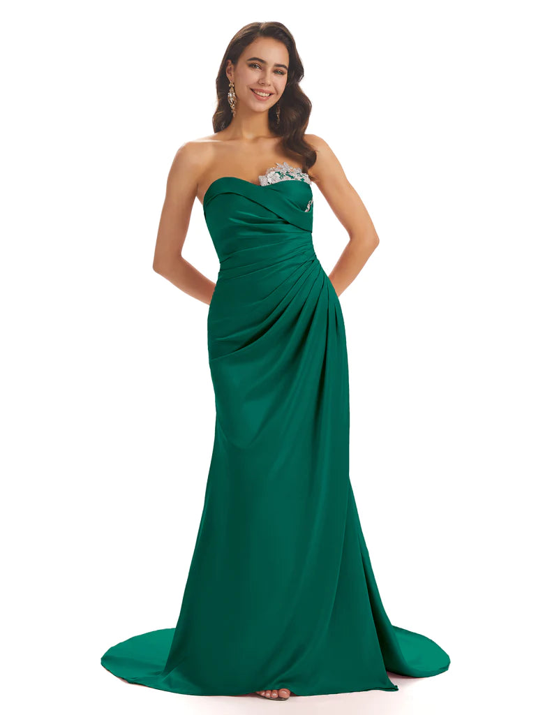 Stylish Women's Garments Vintage Elegance Sexy Soft Satin Side Slit Sweetheart Long Mermaid Bridesmaid Dresses In Stock