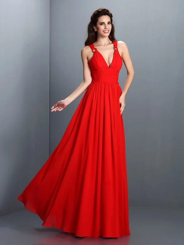 Women's Garments Romantic Flair A-Line/Princess V-neck Pleats Sleeveless Long Chiffon Bridesmaid Dresses