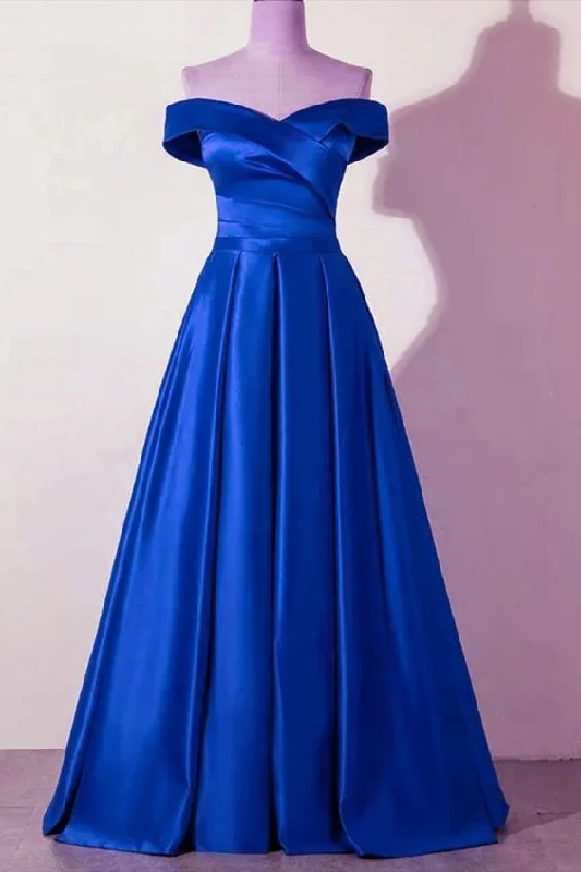 Women's Work Outfit For The Office Elegant Attire Off the Shoulder Blue Satin Long Prom Dresses   cg12186