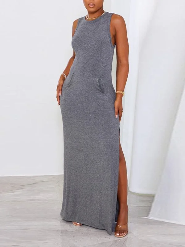 Women's Elegant Garments Classic Timeless Elegant Style Motionkiller Solid Sleeveless Slit Dress