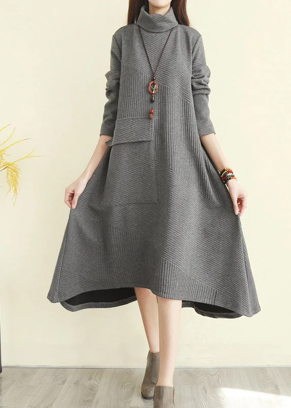 Women's Outfit For The Office Seasonal Trend Women Grey Turtle Neck pocket Knit Dress Long Sleeve