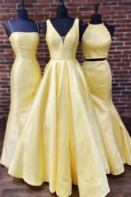 Women's Seasonal Clothes Art Deco Geometric Pattern Look A-line yellow satin long prom dress with v neckline   cg8132