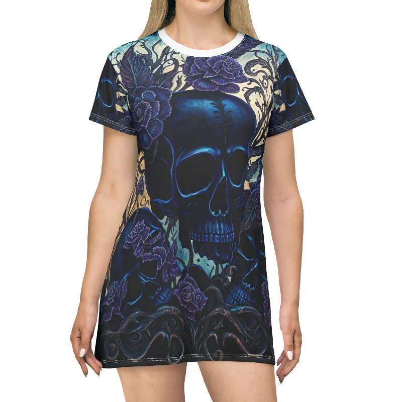 Modern Women's Clothes Rustic Countryside Charm Look Blue Skull & Flowers Short Sleeve T-Shirt Dress