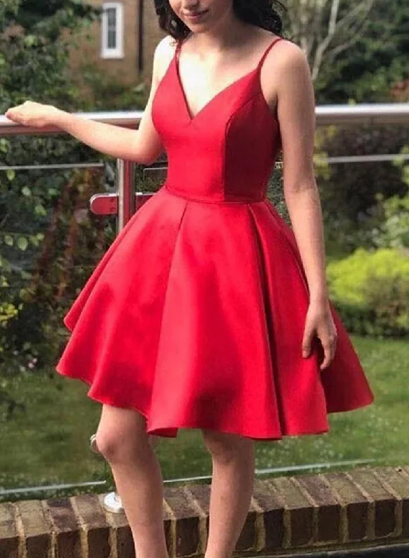 Women's Professional Clothes Dreamy Draping Simple Red Short Prom Dress V Neck Satin Homecoming Dress OM355