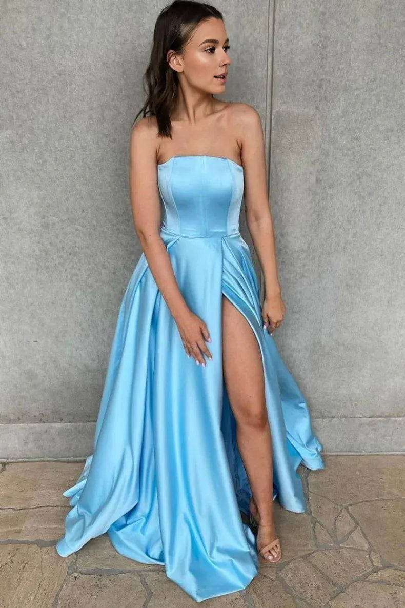 Women's Seasonal Apparel Casual Chic Amzcw Simple blue satin long prom dress blue bridesmaid dress formal wear dresses