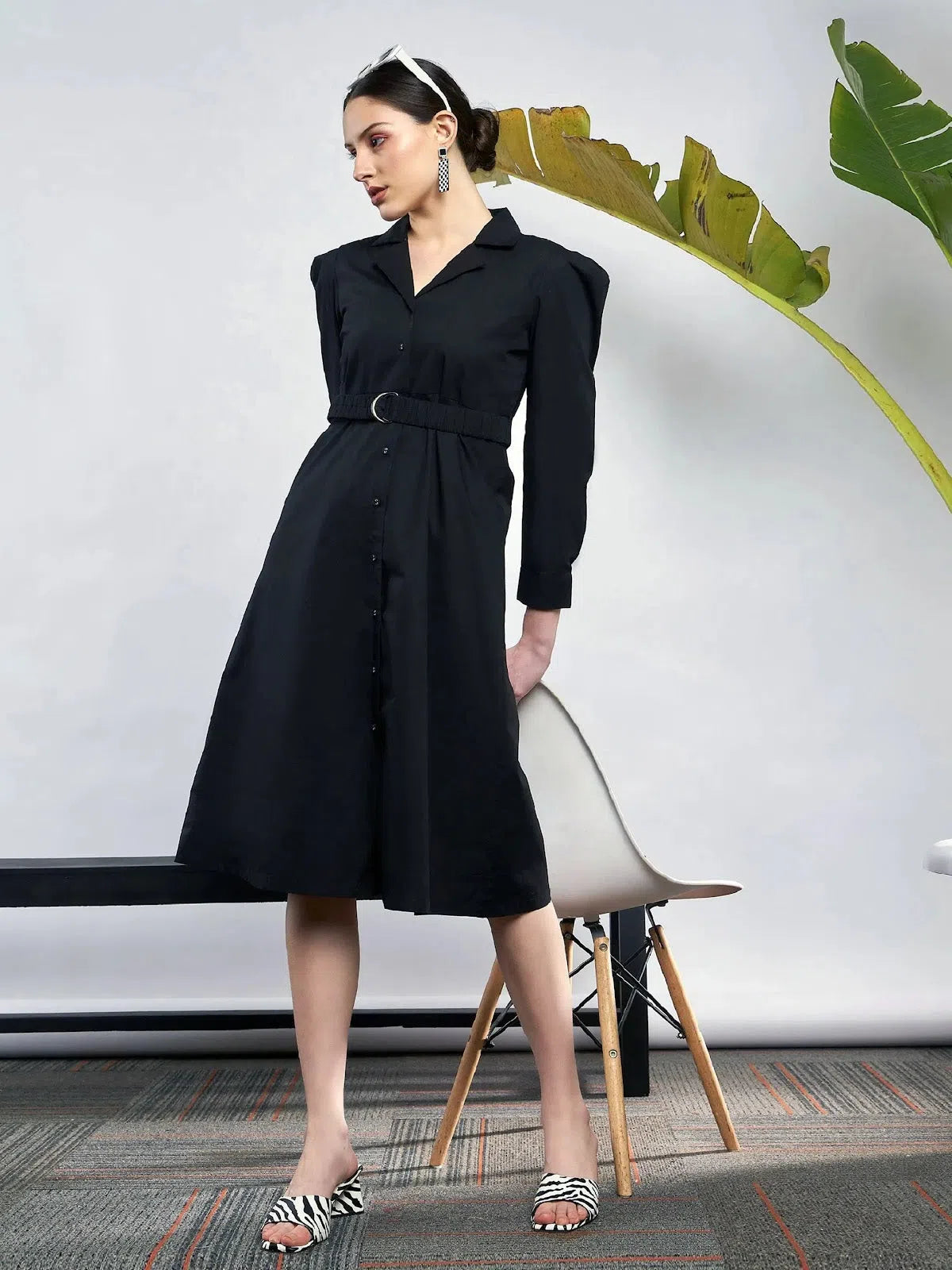 Women's Everyday Clothes Elegant Attire Women Black Poplin Ruched Belted Shirt Dress