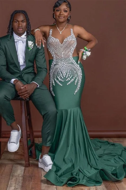 Comfortable Outfit For Women Contemporary Elegance Dark Green Sleeveless Mermaid Prom Dress with Scoop Neck and Crystal Embellishments