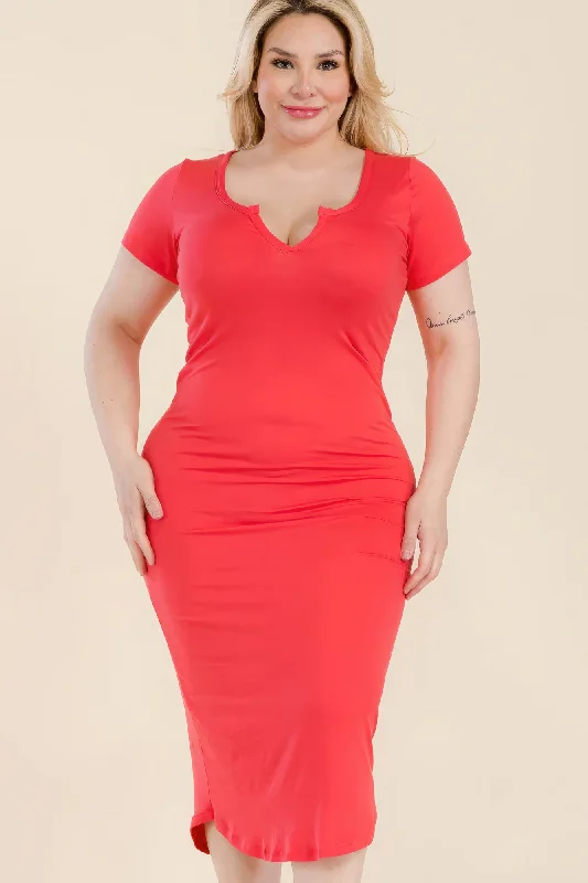 Women's Comfy Attire For Lounging Soft Textures Plus Size Split Neck Bodycon Midi Dress