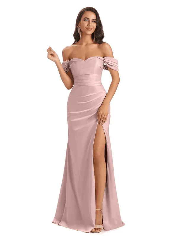 Women's Weekend Outfit Rustic Countryside Charm Look Sexy Off-Shoulder Sweetheart Soft Satin Side Slit Mermaid Floor Length Long Bridesmaid Dresses In Stock