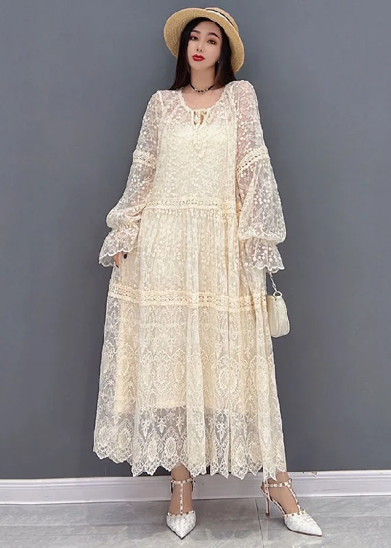 Sustainable Fashion Clothing For Women Graceful Cut Women Beige O-Neck Hollow Out Lace Holiday Dress Long Sleeve