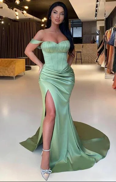 Women's Holiday Attire Vibrant Prints Sexy mermaid Green Fitted Prom Dress with Slit Long Gown PL1028