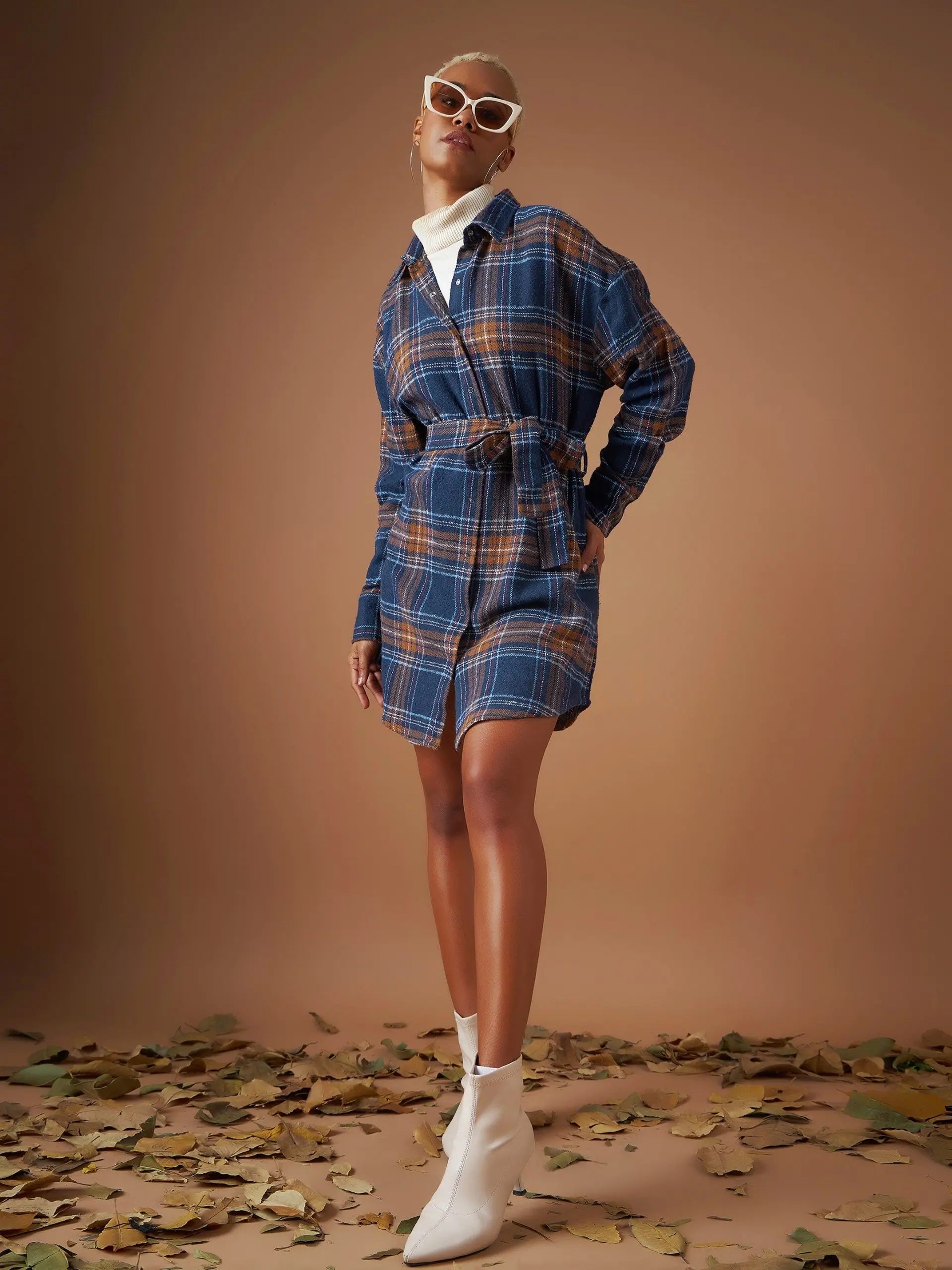 Women's Workout Clothing Classic Appeal Women Navy Flannel Check Belted Shirt Dress