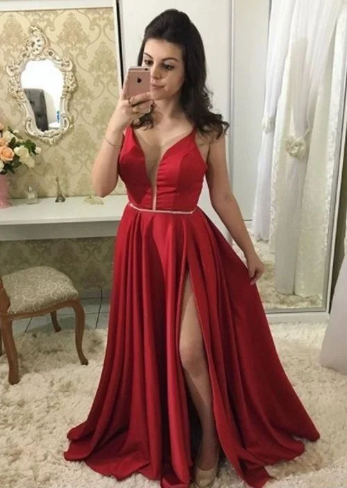 Comfortable Outfit For Women Lightweight Fabric Cheap Princess/A-Line Satin Red Sweetheart Side Slit Prom Dresses   cg12781