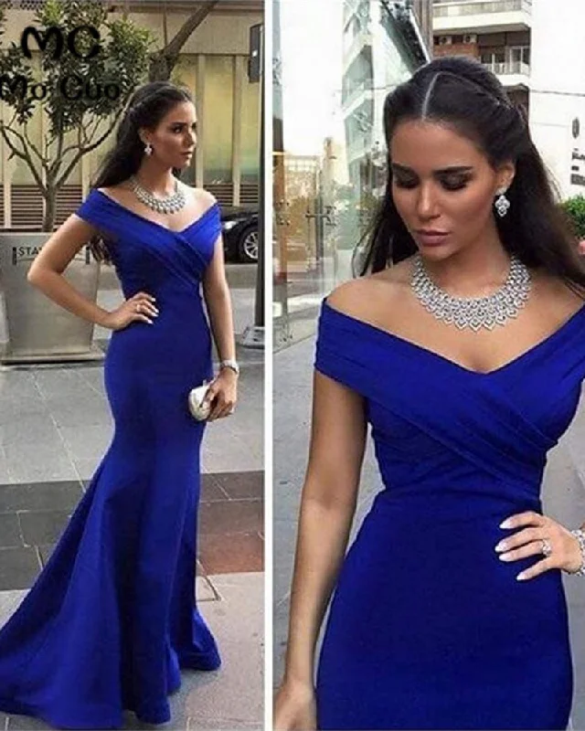 Comfortable Garments For Women Graceful Drape Elegant Off the Shoulder Roayl Blue Mermaid Evening Dress Long Party Prom Gown PL10316