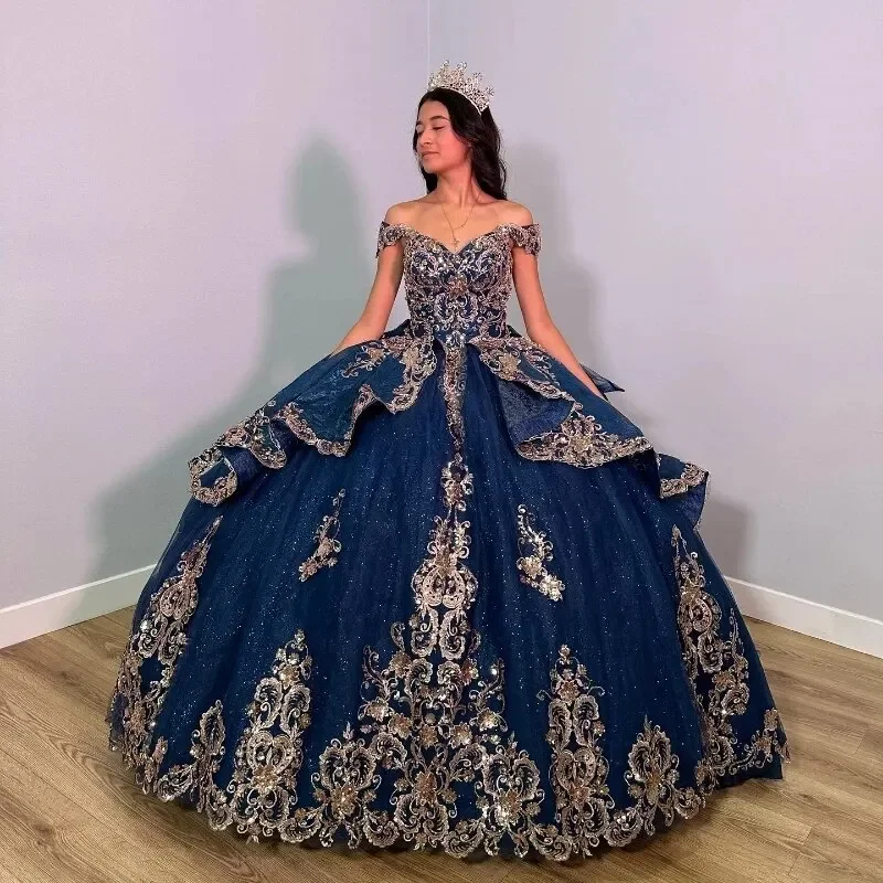 Modern Women's Attire Feminine Charm Navy Blue Shiny Quinceanera Dresses With Gold Appliques Lace Beads Lace-Up Sleeveless Corset Prom Sweet 16 Vestido De 15Anos