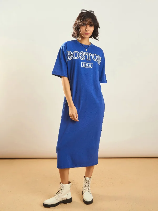 Affordable Women's Garments Graceful Movement Women Royal Blue BOSTON Printed T-Shirt Dress