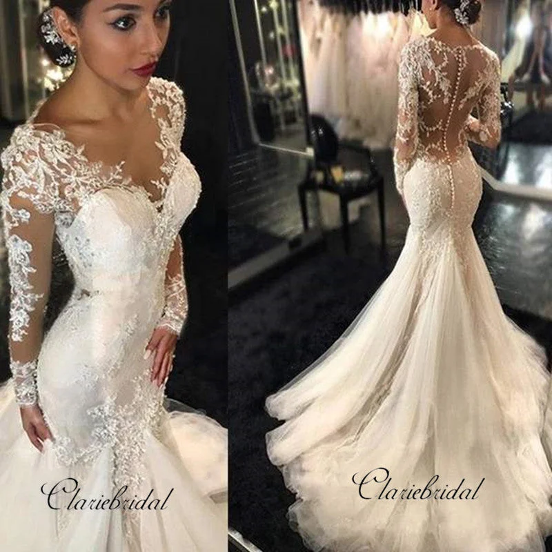 Women's Athleisure Apparel Feminine Elegant Mermaid Lace Long Sleeves Wedding Dresses, Luxury Wedding Party Dresses