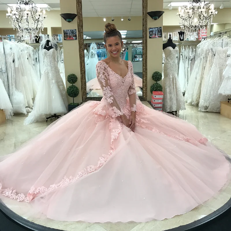 Women's Apparel Final Clearance Siaoryne LP0924 Pink Ball Gown Long Sleeves Quinceanera Dresses Lace Ball Gown Prom Dresses