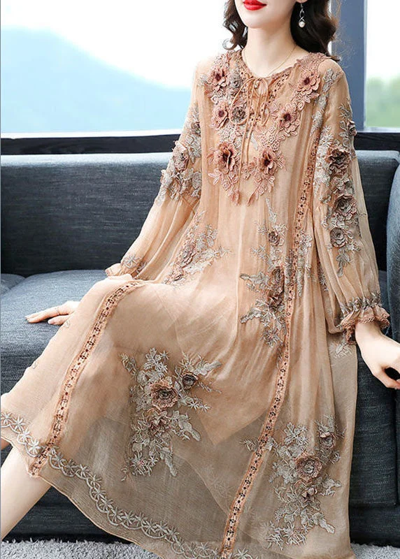 Chic Women's Outfit Dreamy Aesthetic Elegant Beige Lace Up Jacquard Silk Holiday Dress Long Sleeve