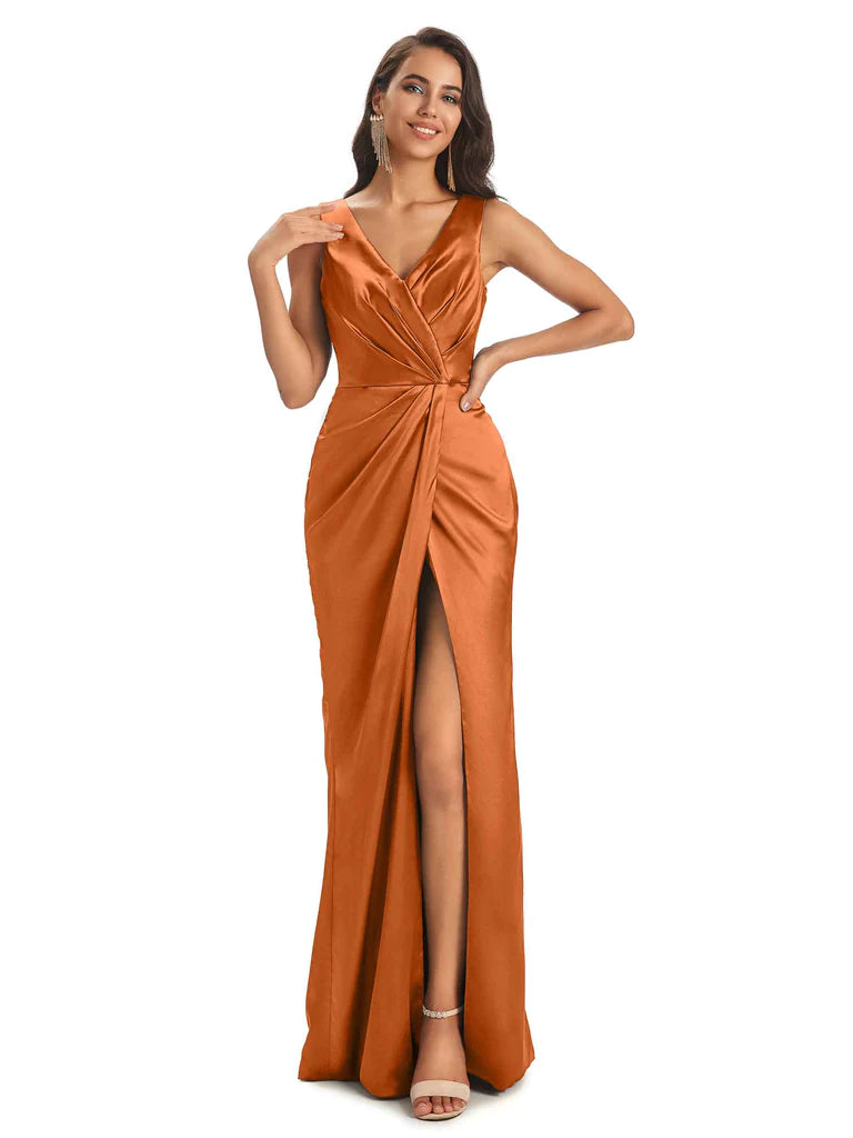 Women's Comfortable Lounge Attire Statement Piece Soft Satin Front Slit V-Neck Floor-Length Long Bridesmaid Dresses In Stock