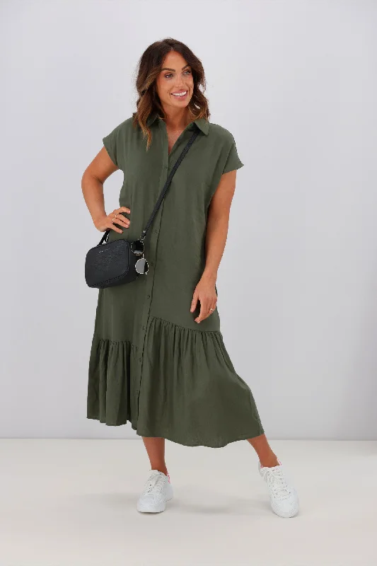 Women's Comfortable Apparel Romantic Flair Shine On Label Hannah Linen Shirt Dress Olive