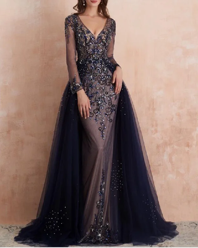 Women's Evening Clothing Vintage Look Vintage V Neck Gray/Navy  Women Formal Party Gowns Beading Long Evening Dress with Sleeves PL0617