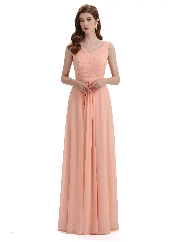 Women's Occasion Wear Clothing Luxury Comfort A-Line V-Neck Pleats Chiffon Long Bridesmaid Dresses