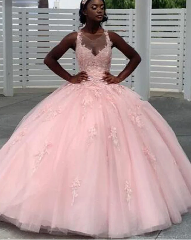 Women's Occasion Wear Apparel Effortless Style Princess Pink Lace Scoop Debutante Gown Sweet 15 Ball Gown Quinceanera Prom Dresses,vestidos de fiesta de 15 PL10276