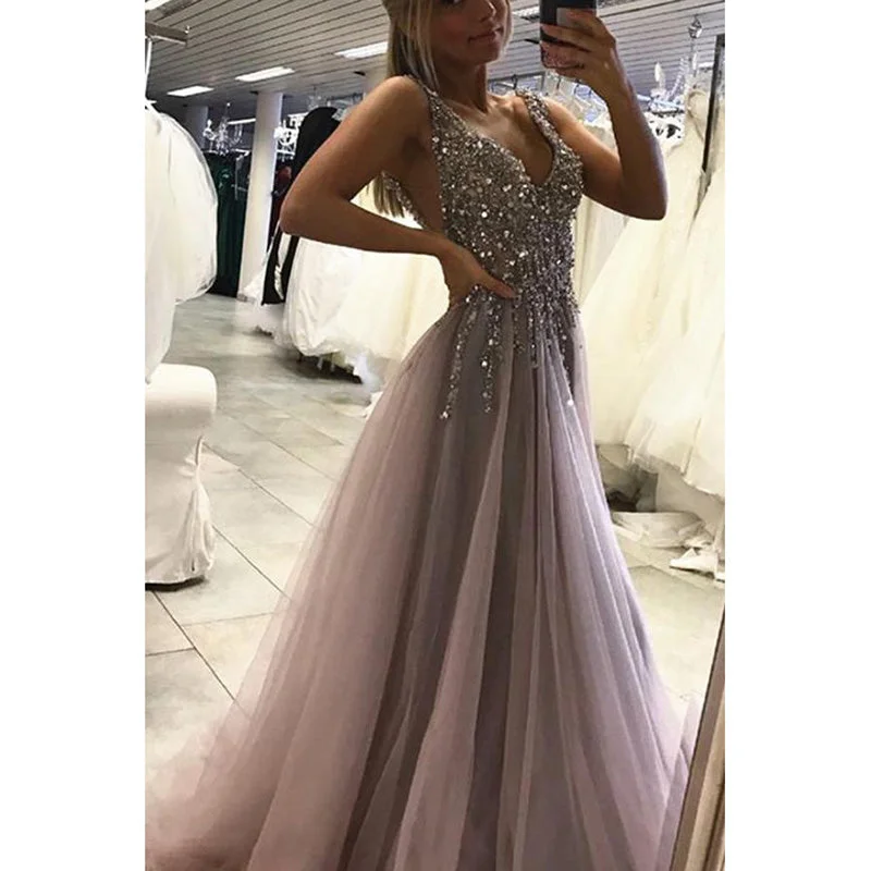 Women's High-Fashion Outfit Disco - Inspired Retro Dance Look Siaoryne Tulle Mauve grey Long Evening Gowns Sexy Split Prom Dress with Sequins Beading