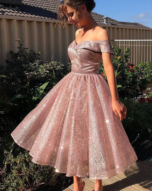 Women's Evening Attire Feminine Elegant Bling Bling Rose Gold Off Shoulder Short Sequins Prom Dress Cocktail Gowns SP0331